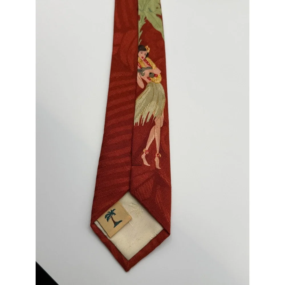 Tommy Bahama Silk Tie OS Red Hula Girl Ukulele Tropical Tiki Hawaiian Retro Palm